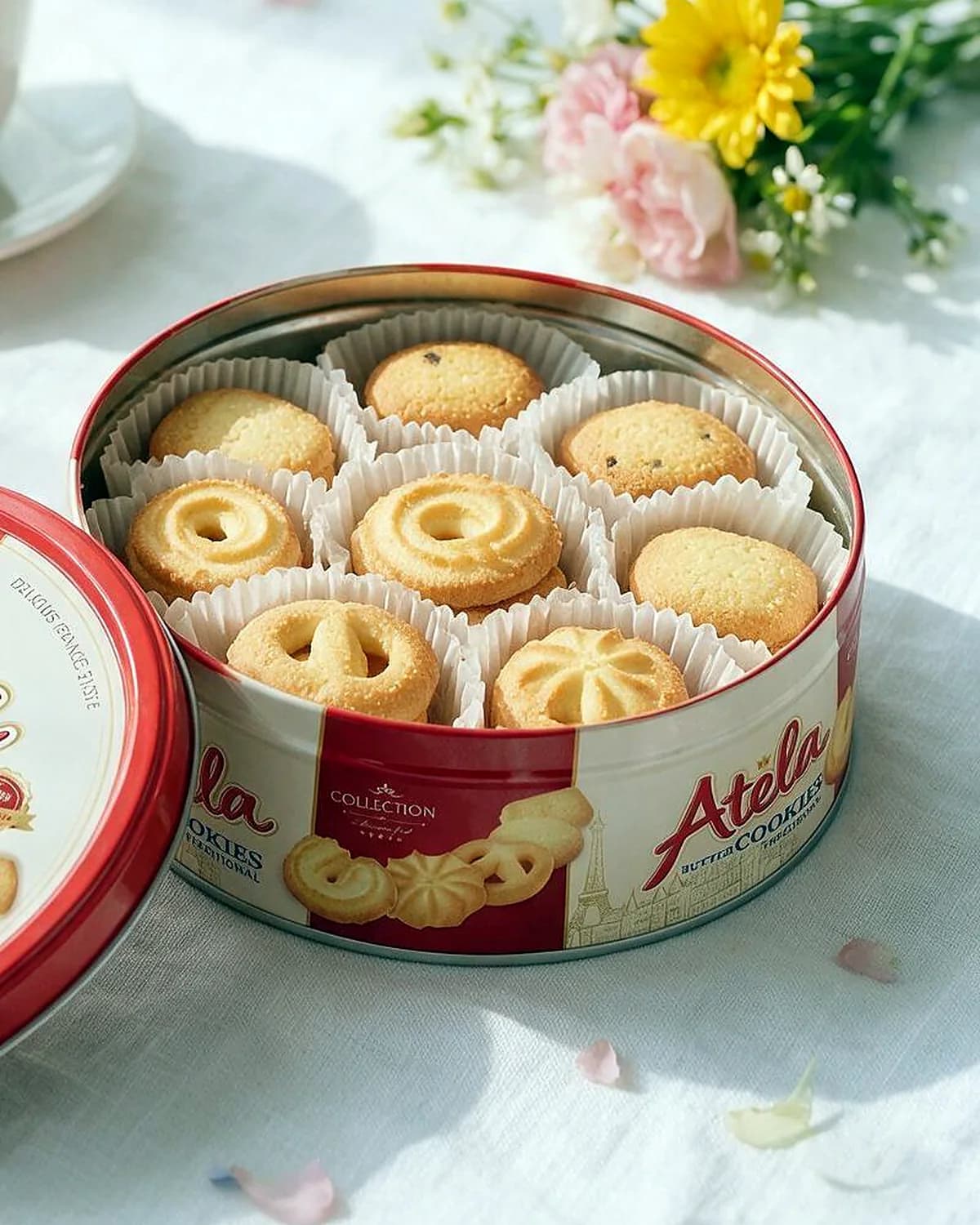 Atela butter cookies tin open on a festive table