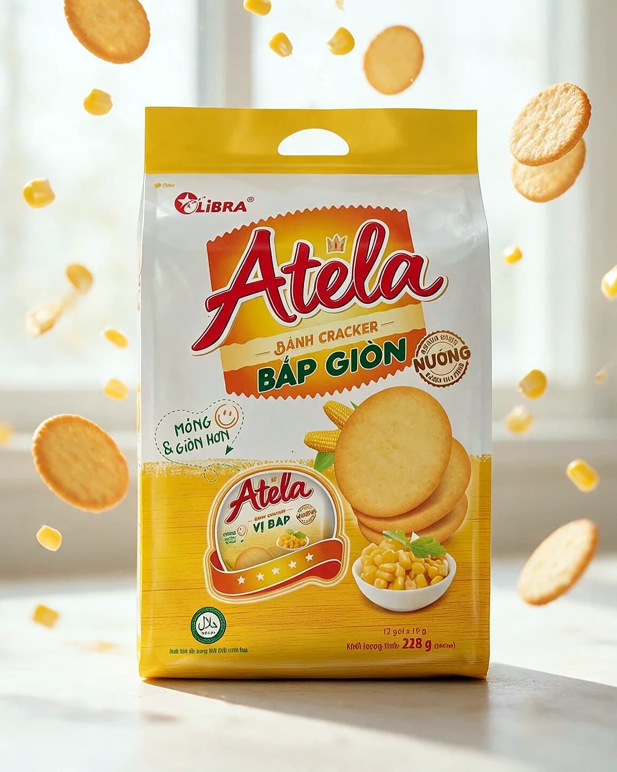 Atela corn crackers with crackers and corn in the air